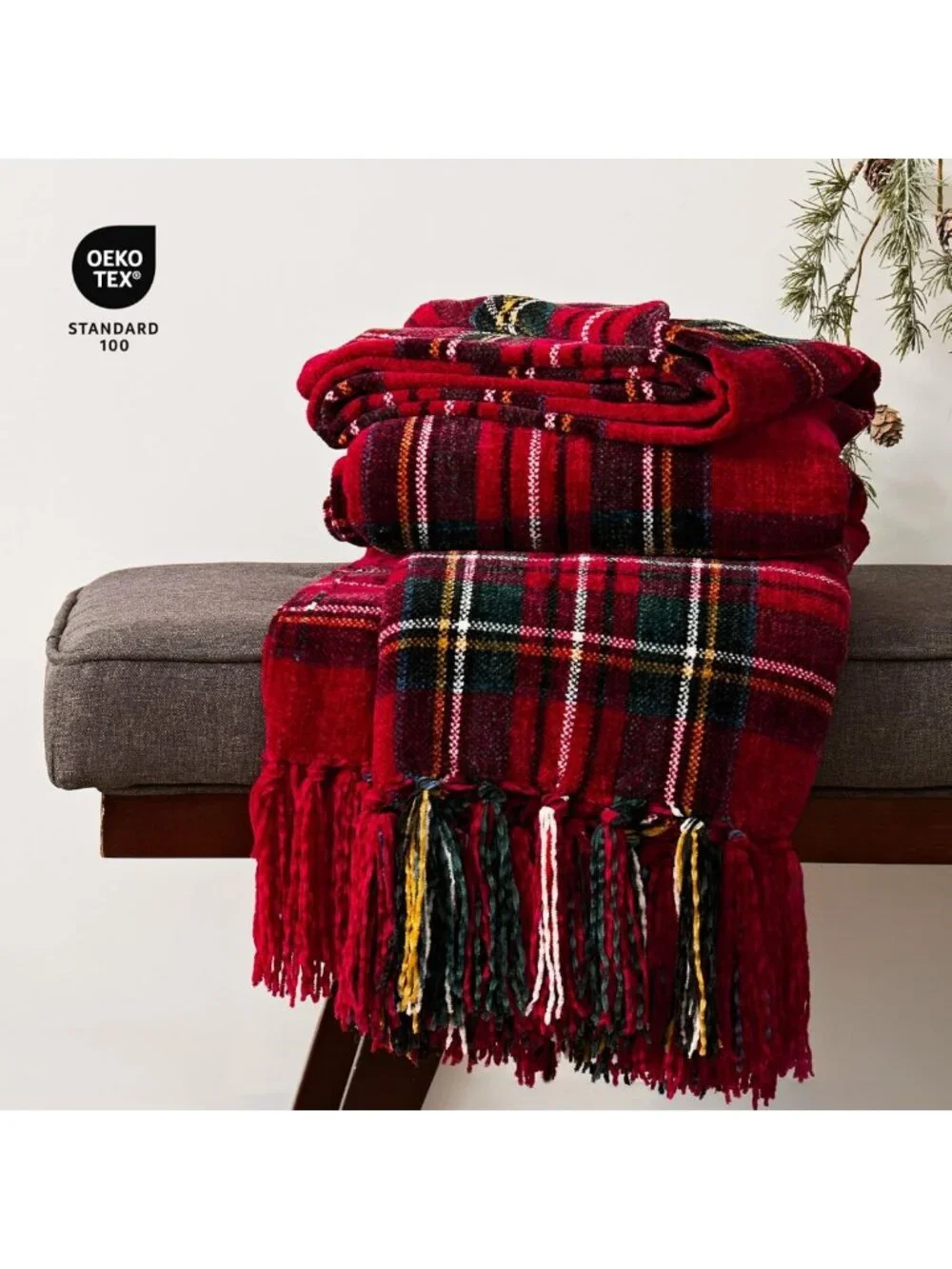 Cozy Red Stewart Plaid Chenille Christmas Throw Blanket, 60